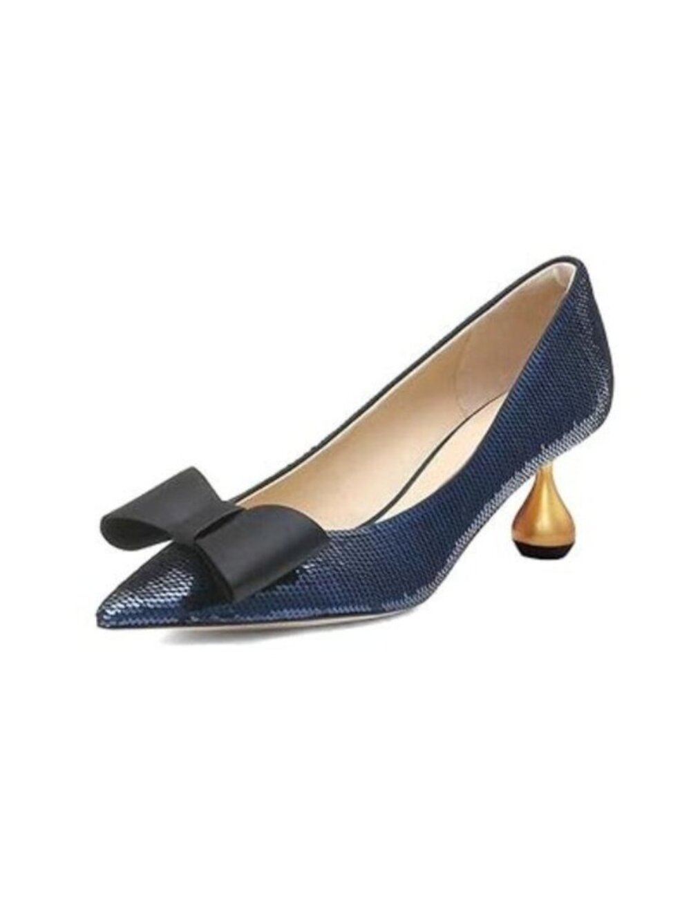 XYD Women Mid Golden Heel Slip On Pumps Bling Sequins Closed Pointy Toe Bow Knot